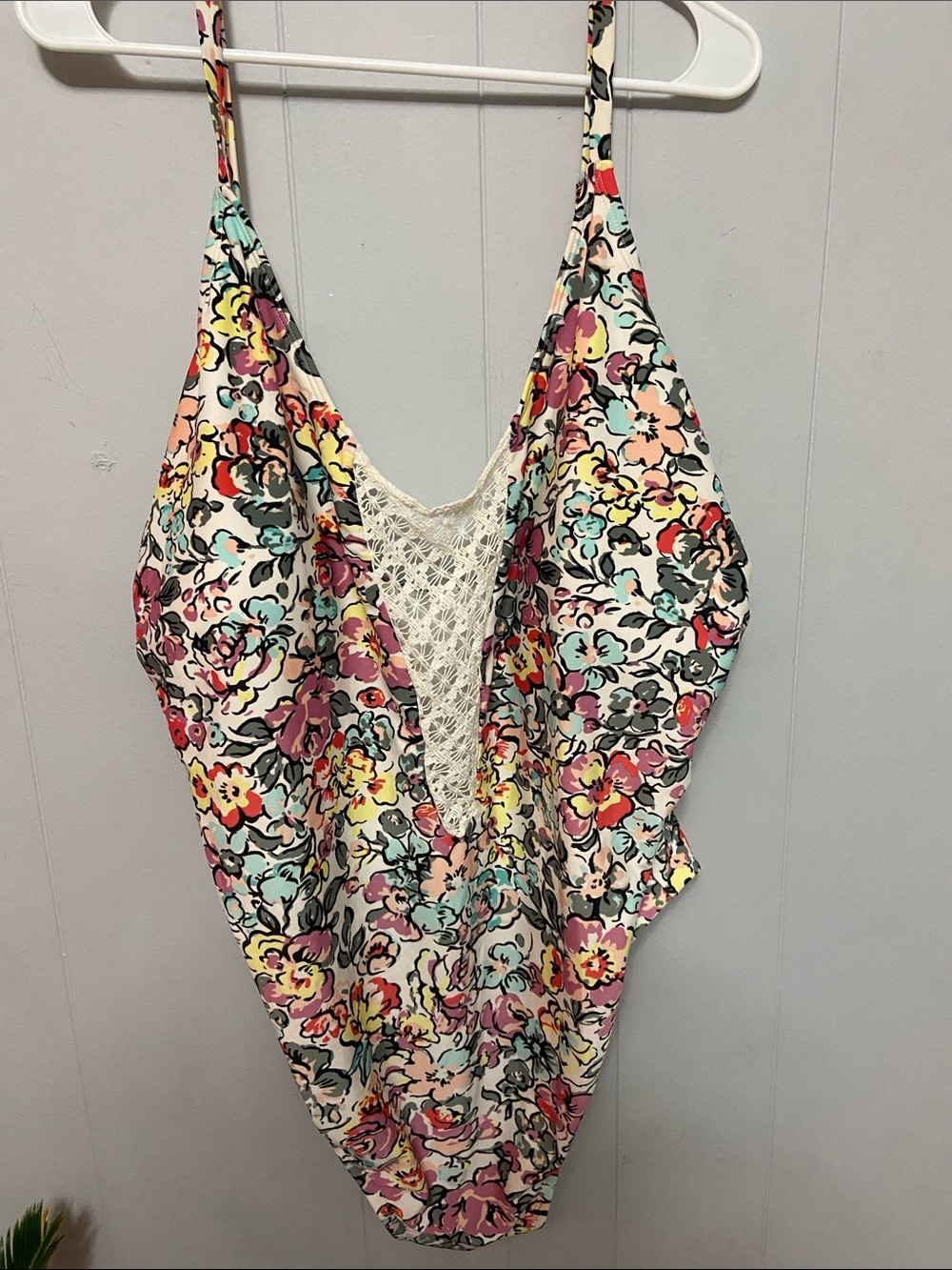 NWOT Floral Crochet-Trim One-Piece Swimsuit. Liner intact.